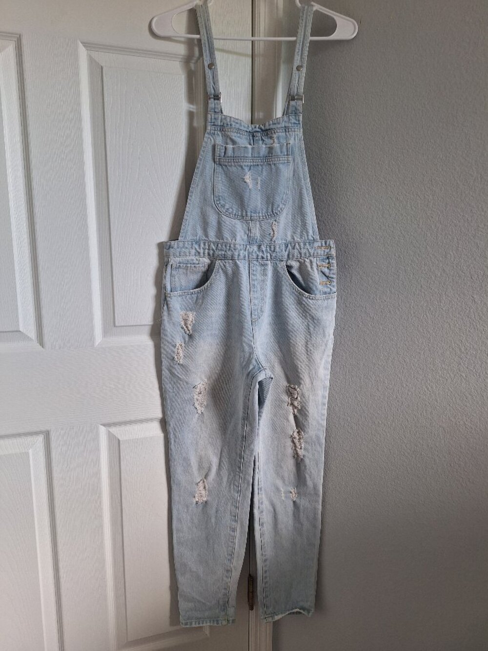 Forever 21 Distressed Denim Overalls Light Wash